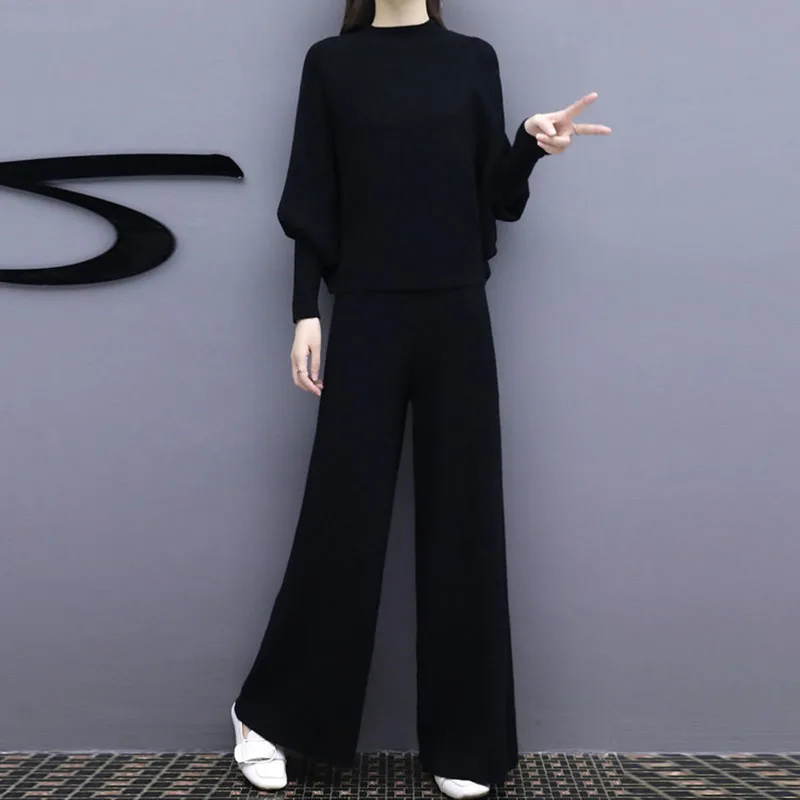 

2 piece set women2019 autumn new fashion women's bat sleeve knit wide leg pants suit female loose large size two-piece female