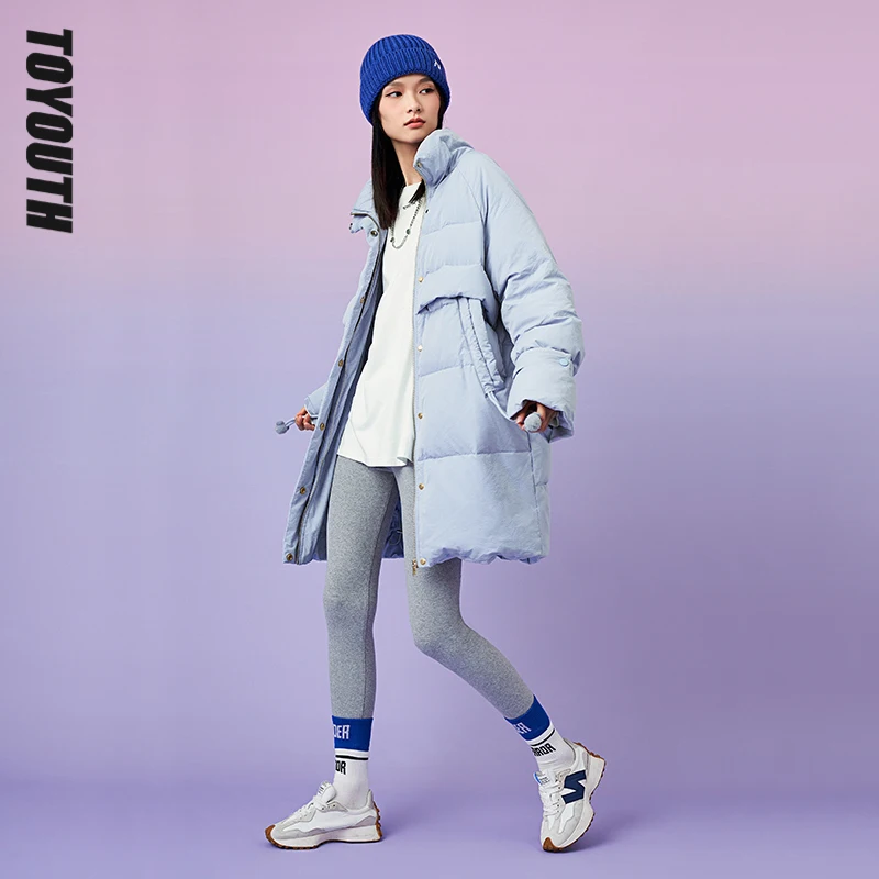 

Toyouth Women Down Jacket Winter Stand Collar Loose Windproof Mid Length Solid Blue 90% White Duck Down Chic Casual Down Coat