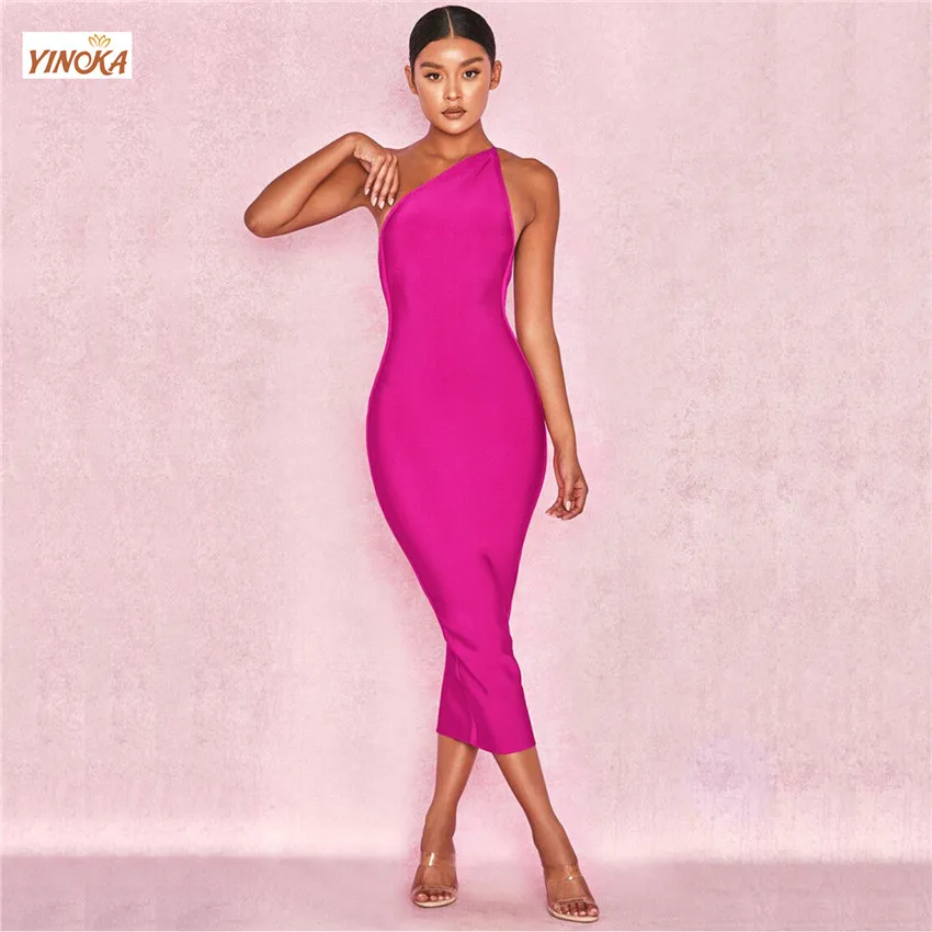 

Yinoka one shoulder bandage dress bodyocn sexy women mid-calf length backless party club celebrity evening night cocktail cloth