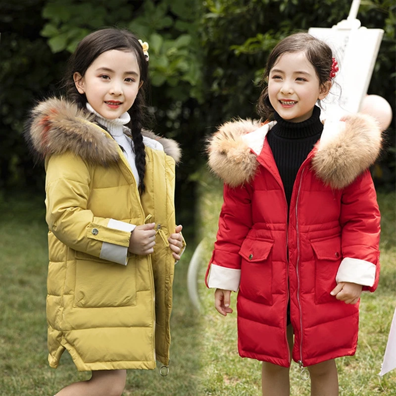 Детское пальто на утином пуху длинное теплое с воротником из натурального меха