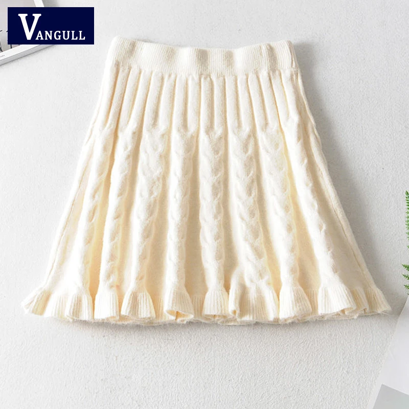 

Vangull Solid Knitted Women Mini Skirt 2021 Autumn Elastic Waist A-line Skirt Korean Fashion Twist Ruffle Strench Ladies Skirt