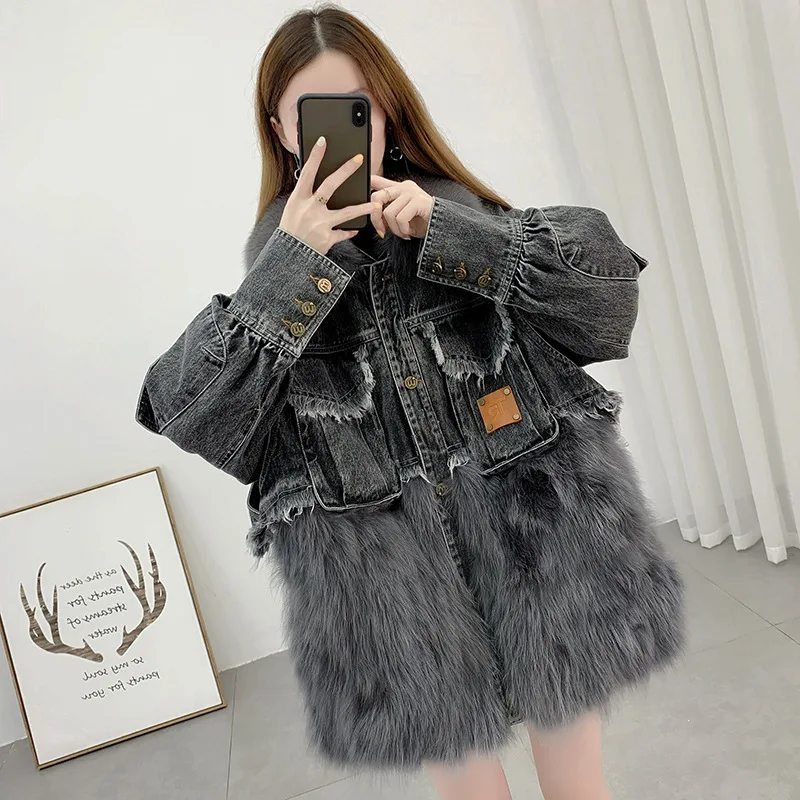 Denim Jacket with Fur Collar Winter Women Parka Real Fox Fur Patchwork Raccoon Dog Fur Coats Real Fur Coat Natural Jacket Female