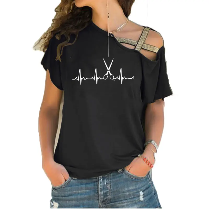 

Summer Brand Clothing Hairdresser T Shirts Women Cool Hair Printed Womens Irregular Skew Cross Tops