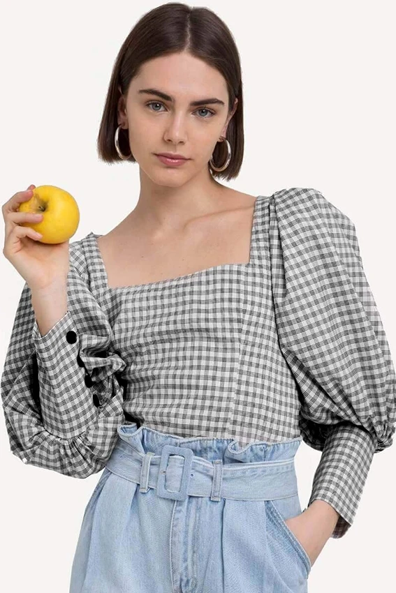 

Court Style Plaid Shirt Women's Long-Sleeve Shirt Retro Square Collar Puff Sleeve Waist Hugging Slimming Shirt Harajuku Blouse