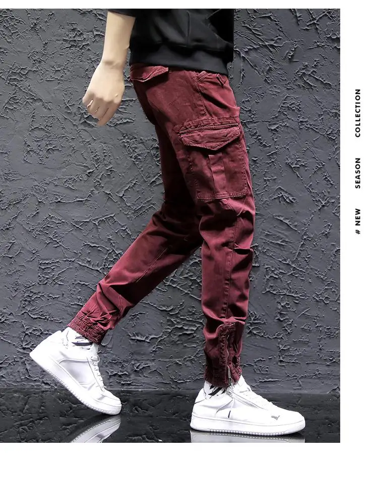 

Брюки-карго мужские, Модные шаровары с несколькими карманами, уличная одежда, бордовые брюки-карго армейского зеленого цвета, осень