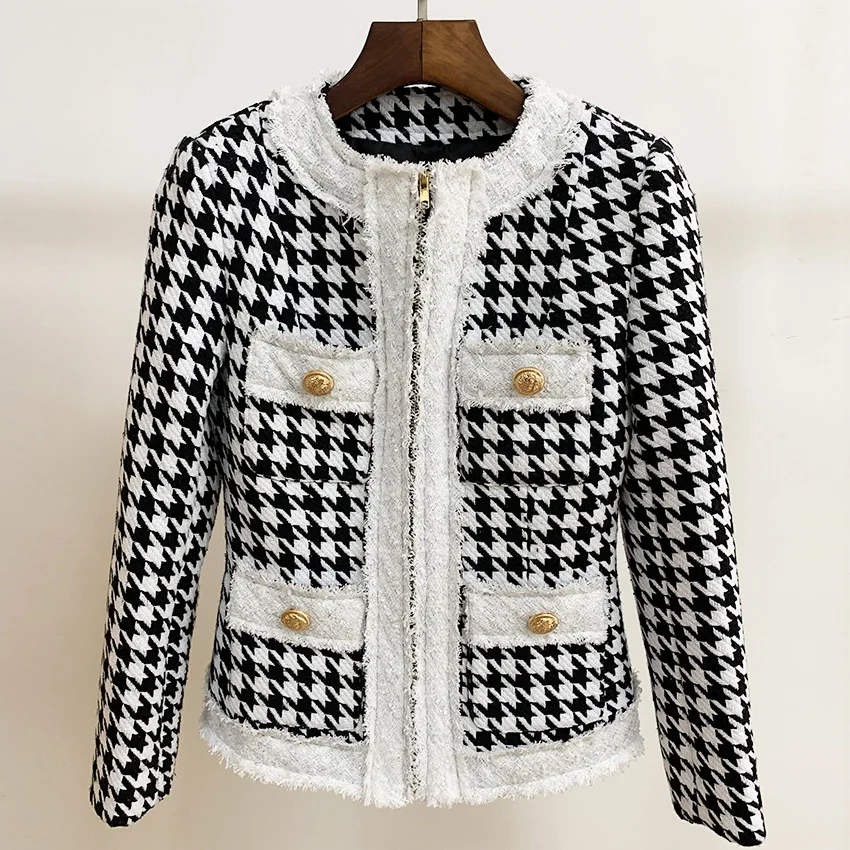 

PYJTRL New round neck zipper tweed jacket