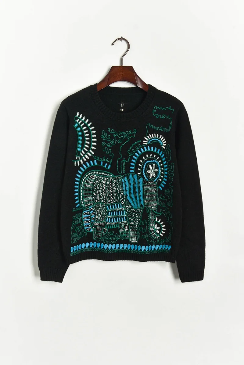 Роскошный женский свитер 2020 Runway Темно-Синий Свободный пуловер с вышивкой