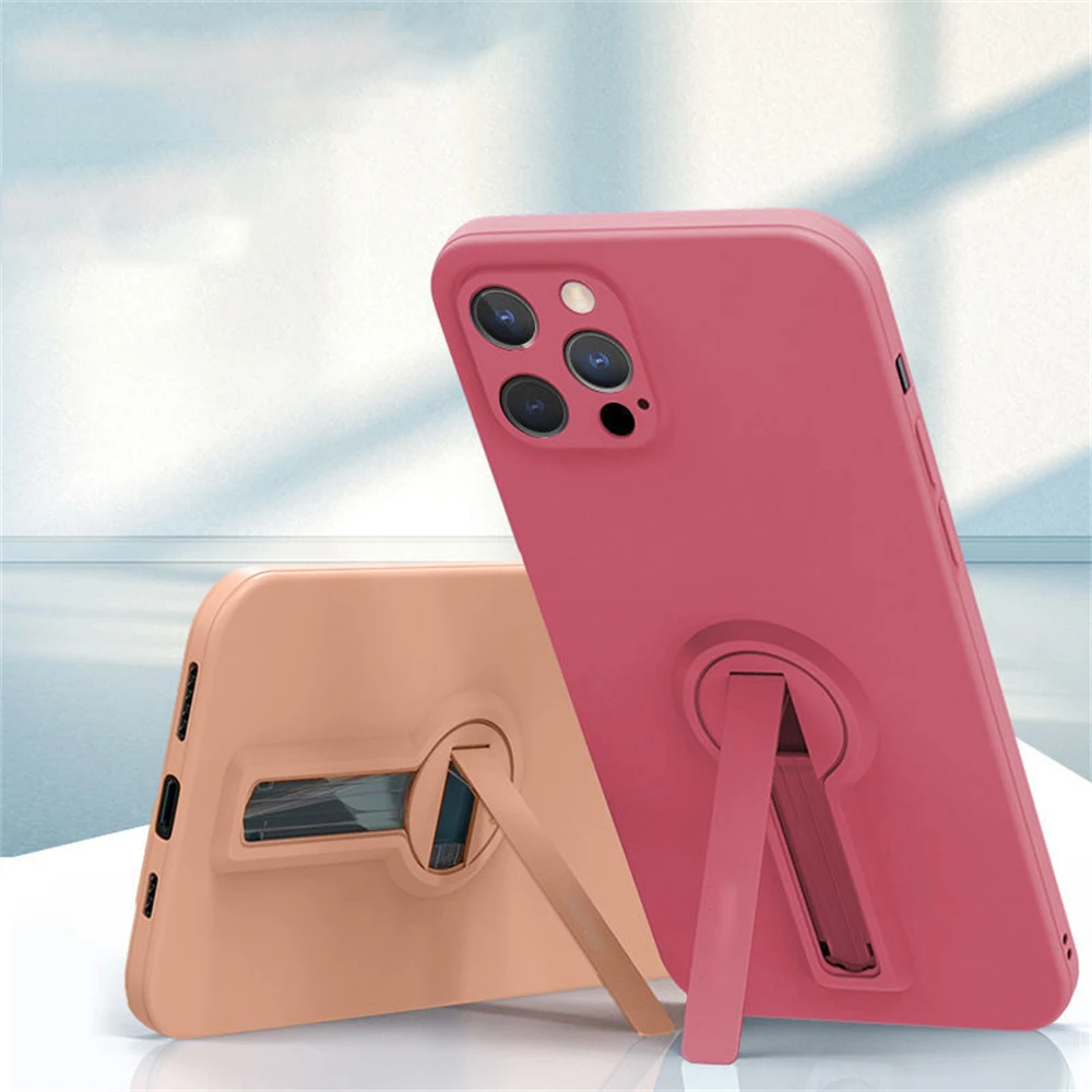 With Bracket Silicone Case For iPhone 11 Pro Max XR X XS 6 7 8 Plus SE 2020 12  Mini on Holder Magnetic Soft Lanyard Phone Cover