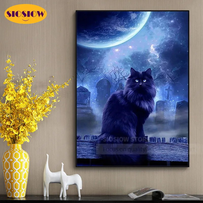 5D алмазов картина с изображением черного кота луна животные квадратное льняное