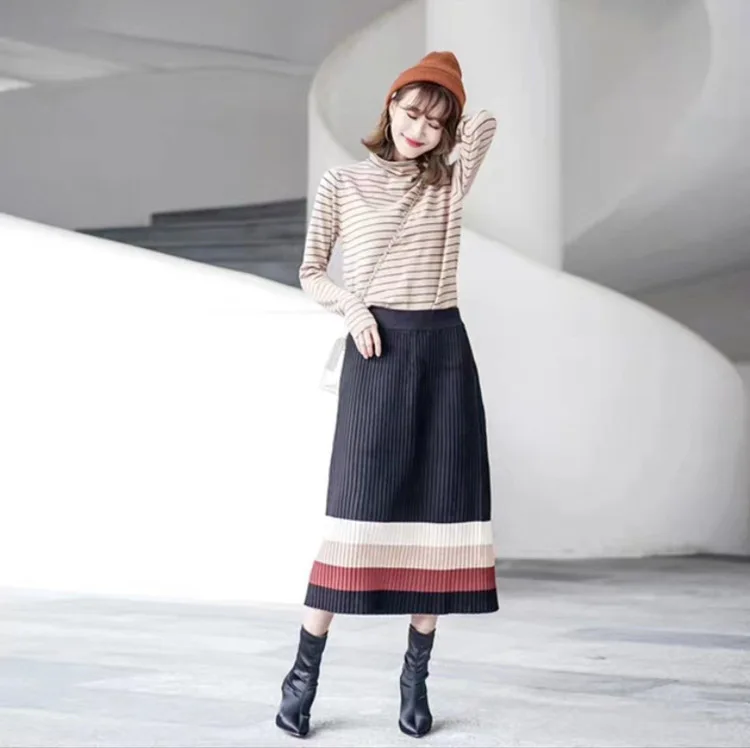 Женские плиссированные юбки в полоску осенне-зимние длинные с прострочкой