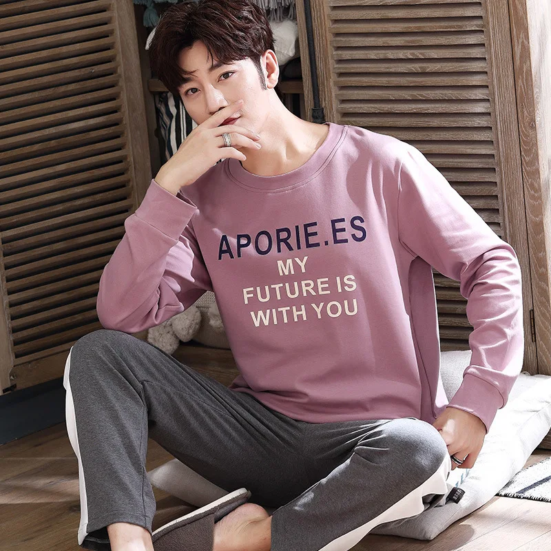 

Casual Male Sleepwear Daisy Pattern Homewear Autumn Winter Knitted Cotton Men's Pyjamas Orange Lattice Long Pants Pajamas Set