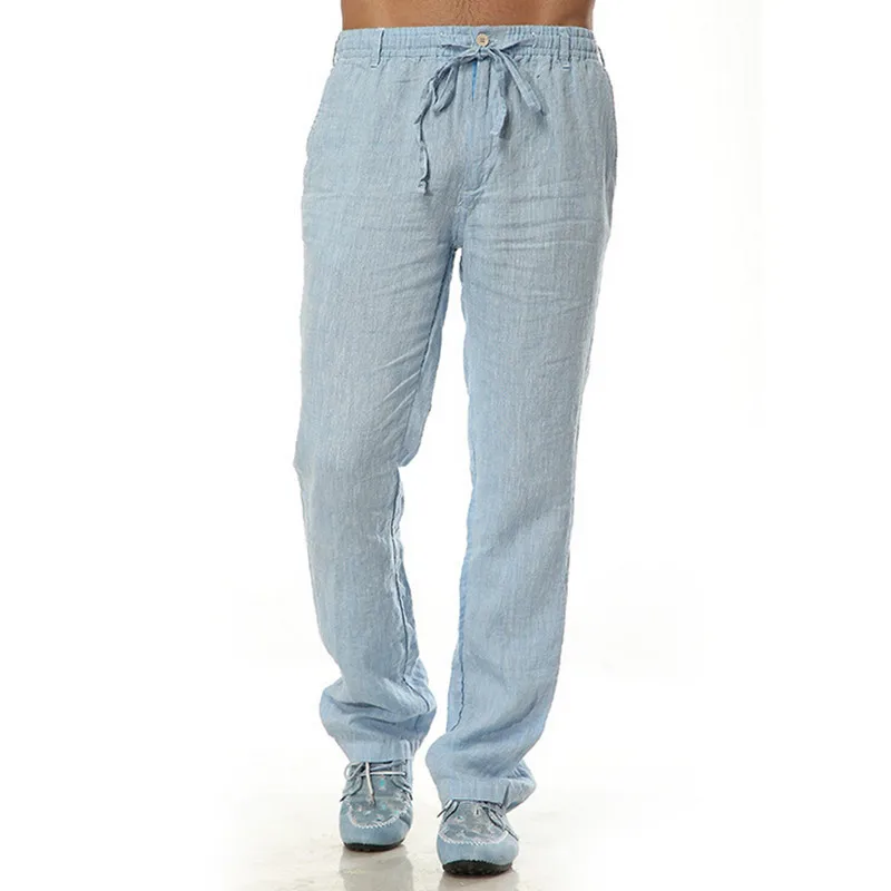 

New Summer Leisure Trousers 100% Linen Cotton Elastic Waist Men Pants Men Casual Pants