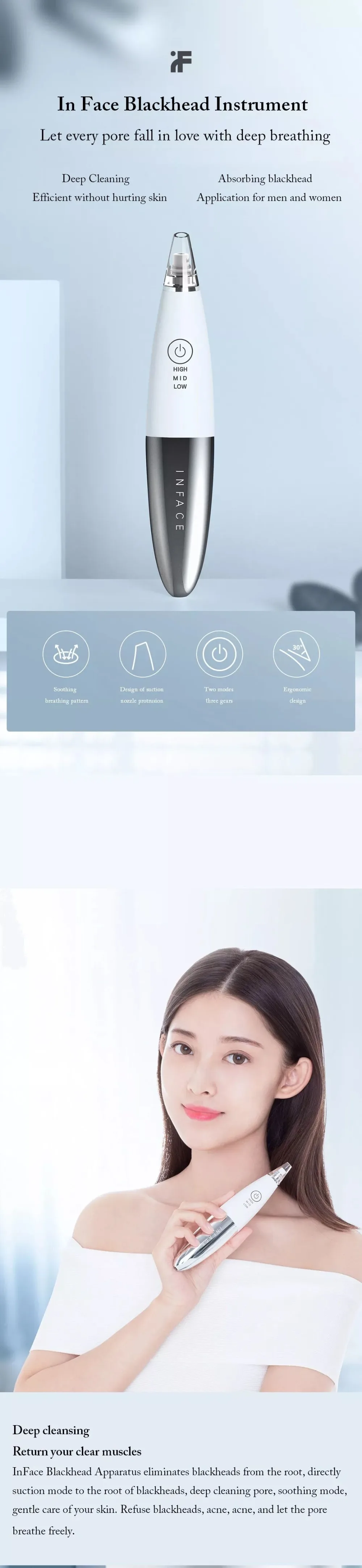 Xiaomi InFace Electric Blackhead Remover Vacuum Suction Dermabrasion Acne Pore Peeling Face Clean Facial Skin Care Beauty Tools