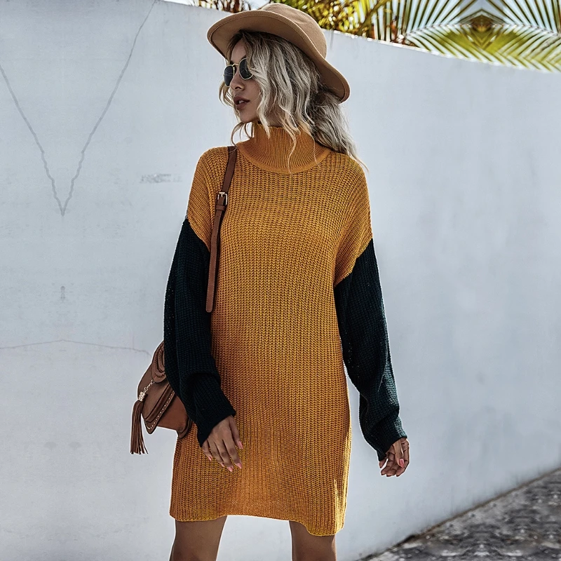 

Women Turtleneck Long Sleeve Knitted Sweater Dress Loose Fit High Collar Pullover Jumper Autumn Winter Female Casual Clothes