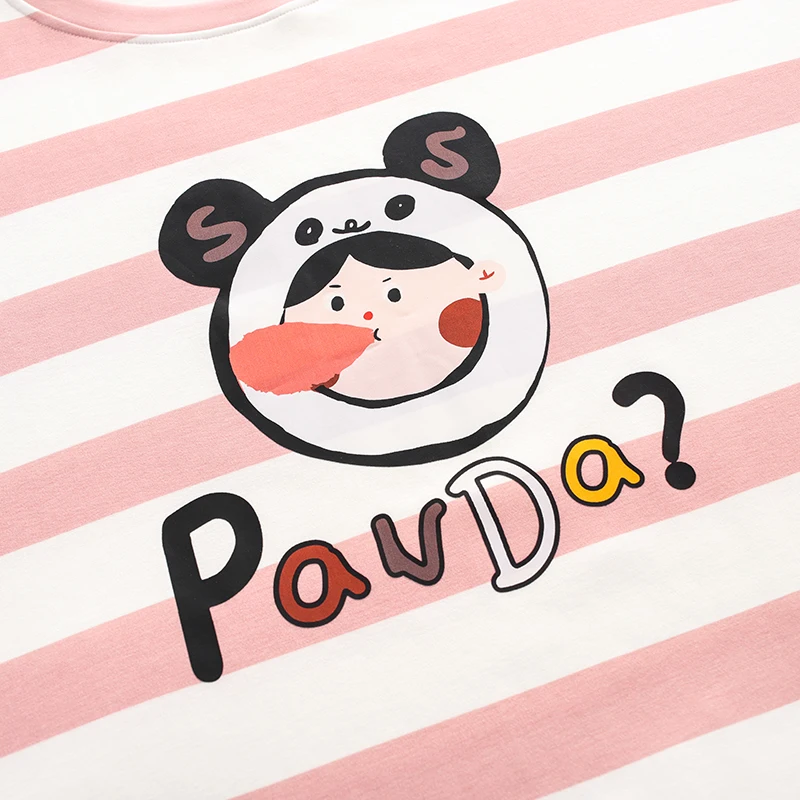 

Summer Homewear Cotton Short Sleeve Plus Size Kawaii Cartoon Sleepwear Fashion Korean Pink Stripes Princess Women Pajamas Set