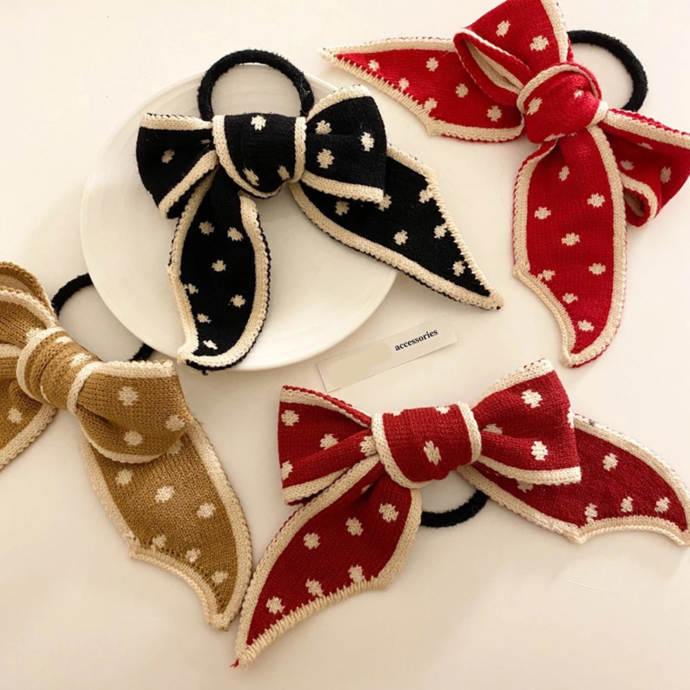 

Hair Rope Knitted Bows Dot Rubber Band Women Girls Solid Color Bow Knot Handmade Hair Bands Head wear Accessories