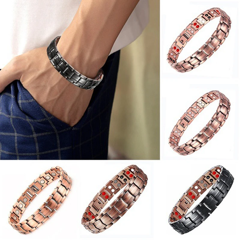 

Men Red Copper Double Strong Magnetic Therapy Bracelet For Arthritis Pain Relief Retro Dragon Pattern Double Row Magnet Bracelet