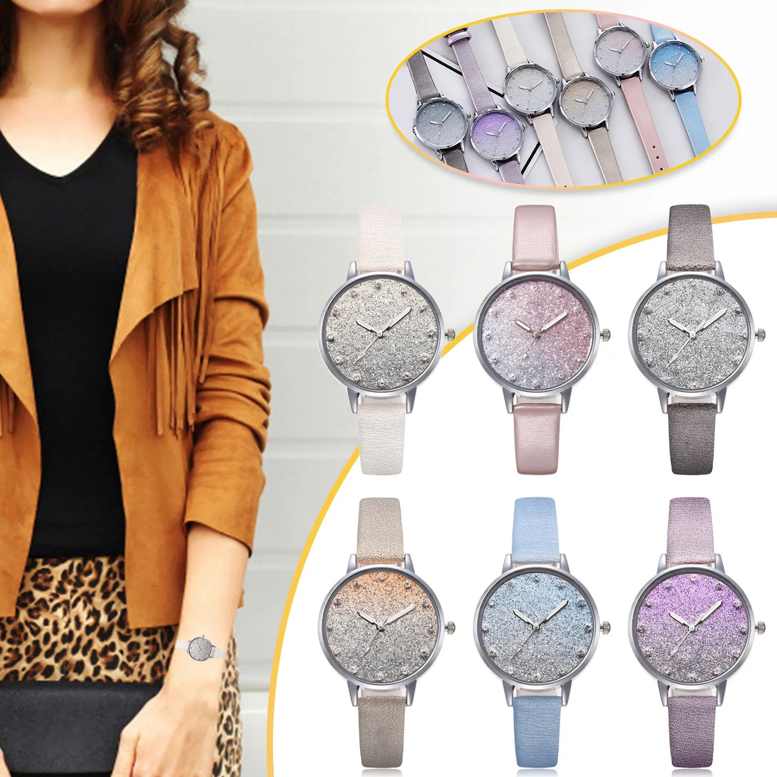 

Роскошные женские цветные градиентные матовые часы с тонким кожаным ремешком, модные маленькие Модные кварцевые женские часы reloj mujer