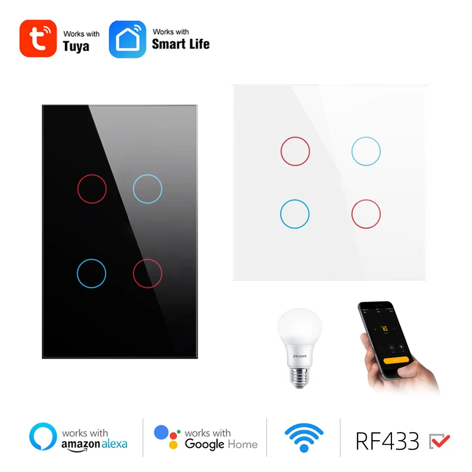 

EU US Tuya Smart Life WIFI Light Switch Remote Control Wall Lamp LED ON OFF,Glass Panel,Touch Sensor,Alexa Google Home Control