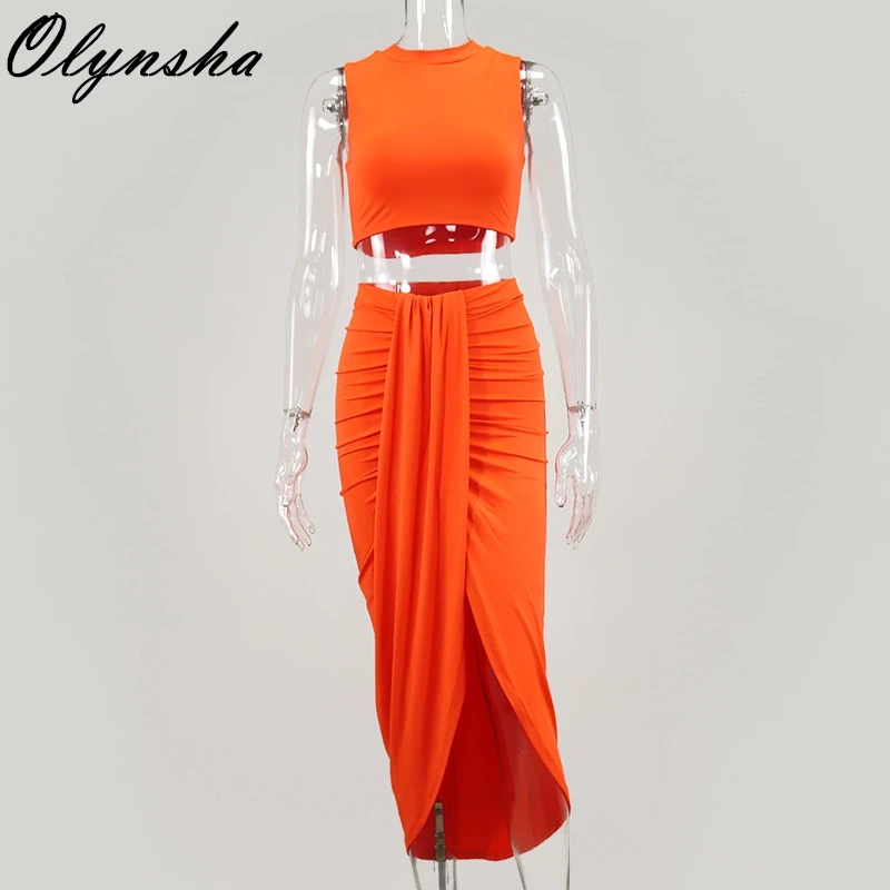 

Side Split Skirt Set Women Crop Tank Tops Ruched Midi Skirts Two Piece Set 2020 Autumn Streetwear Outfits Solid Tops Bottoms