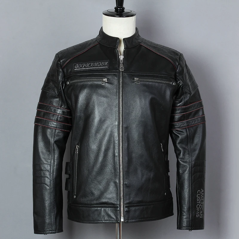 

Skull 2021 Fashion Pattern Genuine Leather Jacket Men Black Cowhide Locomotive Jacket Stand Collar Slim Motorcycle Coat Male