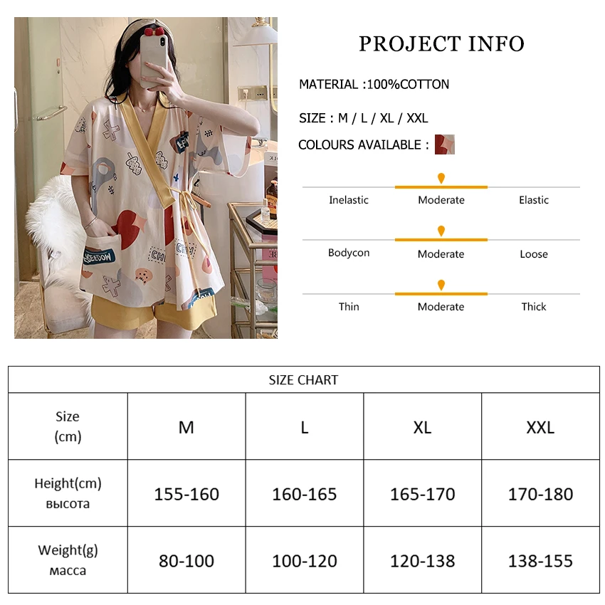 

HiLoc Kawaii Pattern Summer Suit For Women Sets Cotton Kimono Sleepwear Womens Outfits Lace Up Pocket Suits With Shorts Female