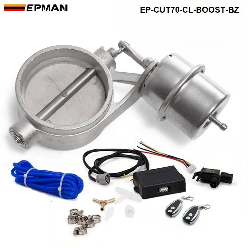 

Exhaust Control Valve With Boost Actuator Cutout 70mm Pipe CLOSED with Wireless Remote Controller Set EP-CUT70-CL-BOOST-BZ