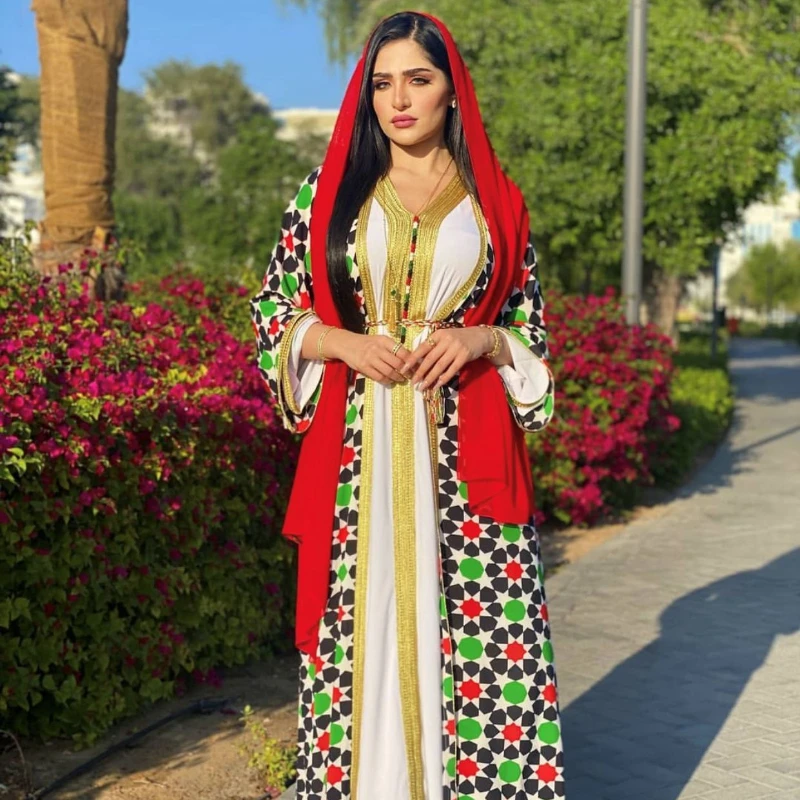 

Summer New Ladies Middle East Muslim Eid Dubai Hijab Fashion Saudi Arabia Libya Printed Floral Two-piece Muslim Women's Clothing