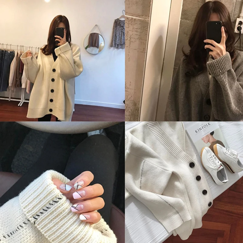 

Plus Size Casual Soft Button Solid Color Knit Flare Sleeve Cardigan Coat Women Cardigans Oversize Sweater Beige Loose V-neck