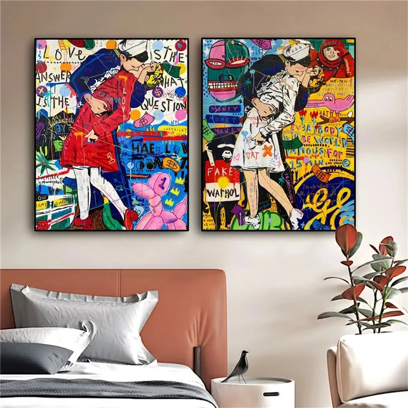 

Modern Graffiti Portrait Art Canvas Painting Posters and Prints Wall Art Kiss of The Century Picture for Living Room Wall Decor