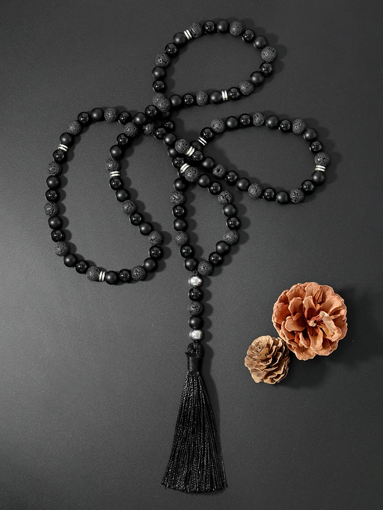 OAIITE 8 мм оникса и вулканического камня бусины Цепочки ожерелья Ethnic Bohemia 108 бусина