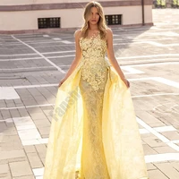 sexy yellow evening dresses illusion o neck sleeveless mermaid vestido gown beads lace appliques new design robe de soiree