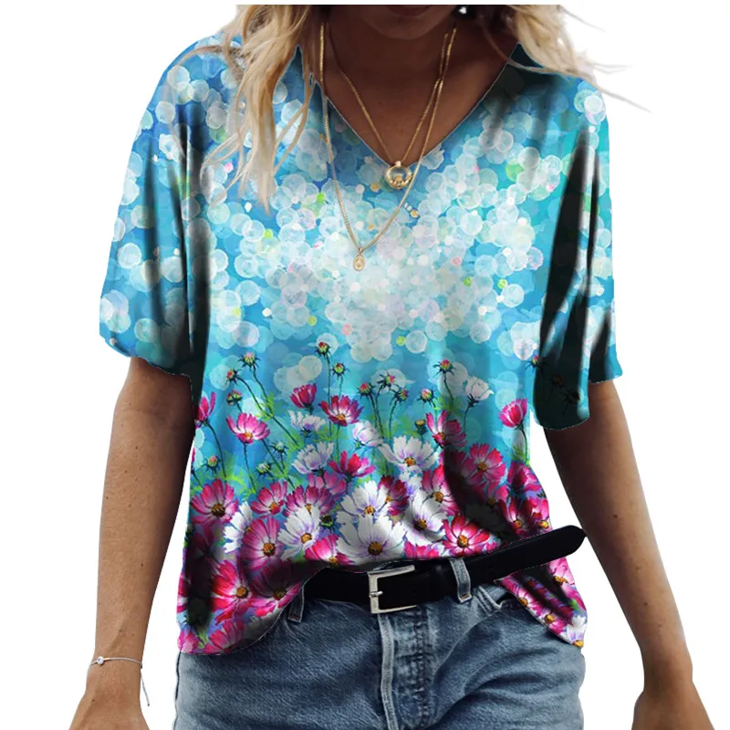 

Floral Print Women T-Shirts Loose Casual Short Sleeve Summer Tops 3D Pattern Patchwork Female V-Neck T-Shirt Pullovers Tee