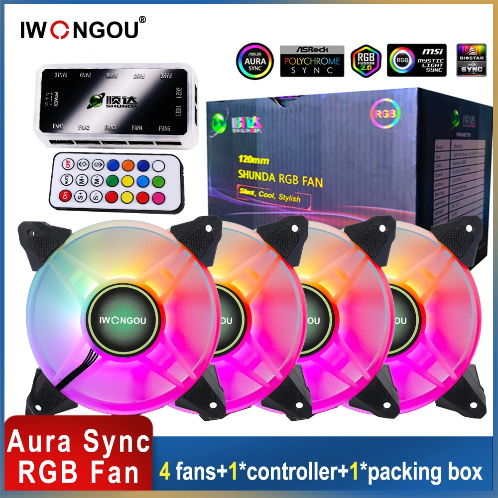 

IWONGOU Aura Sync 120mm PC Cooler Fan RGB Adjustable Speed Adjust LED 12cm Kit 4 In1 Computer Argb Case Fan Controller