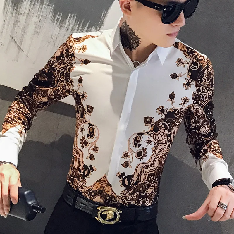 

Streetwear Digital Print Slim Fit Party Tuxedo Shirt Casual Men 3XL-M Top Quality Men Shirt Autumn Long Sleeve Mens Dress Shirts