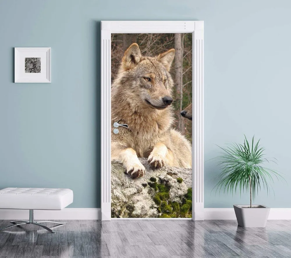 3D настенная наклейка на дверь из коричневого волка обои с принтом стену