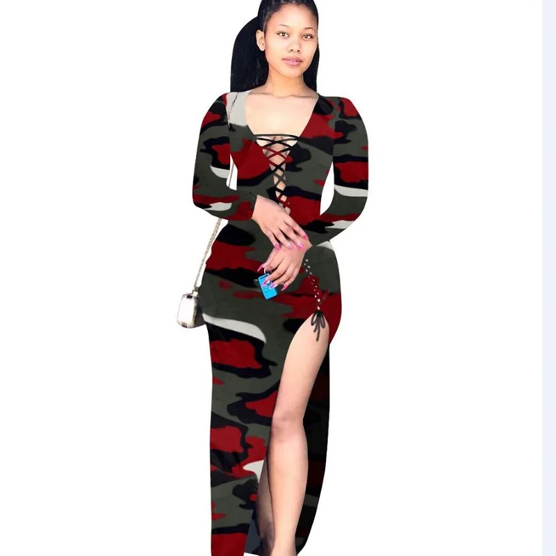 Сексуальное длинное платье с камуфляжным принтом женское сексуальное v образным