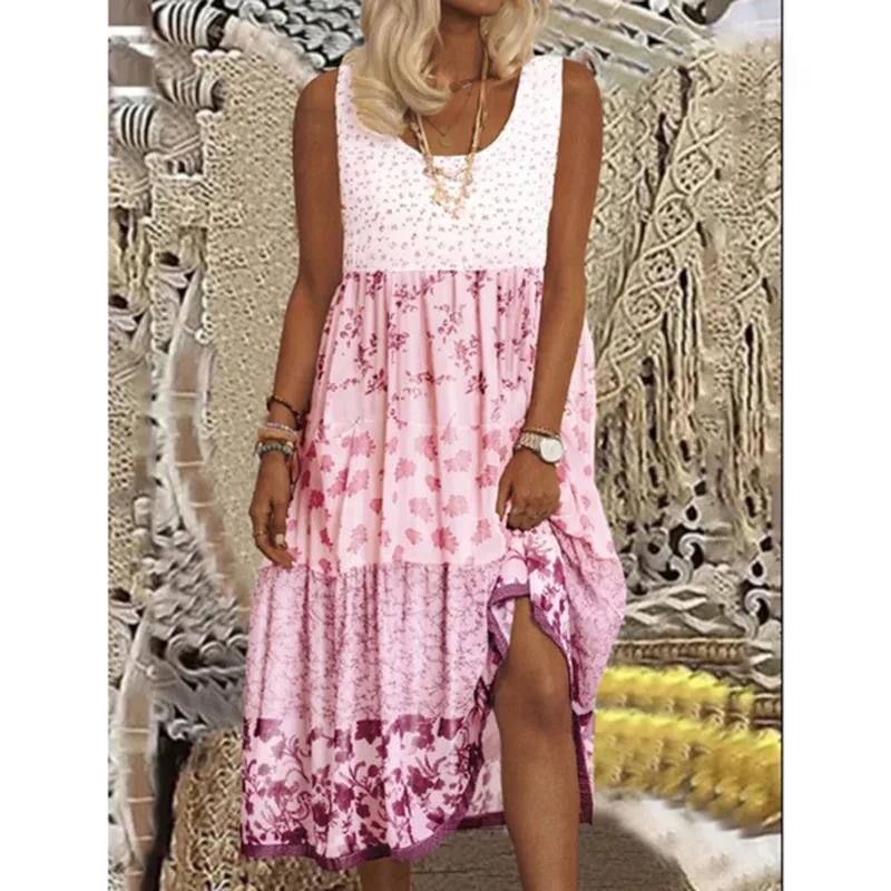 

Woman Floral Sleeveless Vest Dress Stitching Casual Printing Contrast Pink Flowers Lady Dresses Small Fresh Summer Female Dress