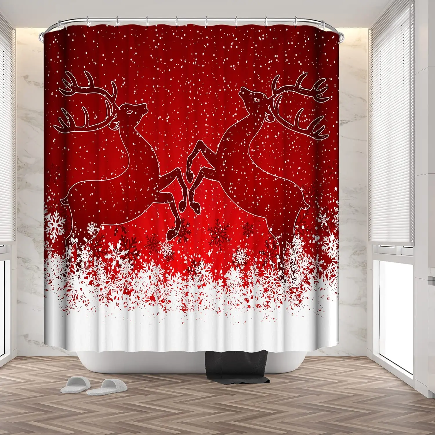 

Новый год зима два красных рождественских Прыгающего оленя Белые снежинки занавески для душа в ванную комнату набор с крючками водонепрони...