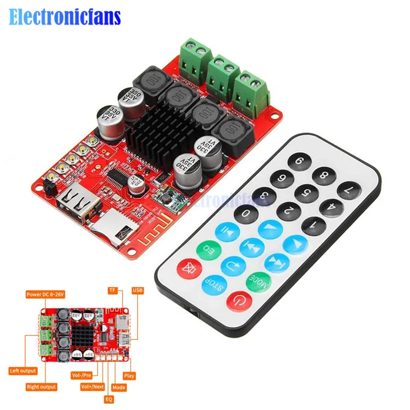 

TPA3116 50W+50W Bluetooth Receiver Digital Audio Amplifier Board TF card U disk player FM Radio DC 8-26V with Remote Control