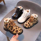 Детские кожаные ботинки с леопардовым принтом, Осень-зима 2021, новые детские ботинки для мальчиков и девочек с бархатной подкладкой, повседневные милые зимние ботинки на платформе, E08214