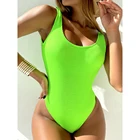 Неоновый цельный купальник в рубчик, женский купальник с высоким вырезом, соблазнительное боди с открытой спиной 2021, однотонный купальный костюм, женская новая пляжная одежда
