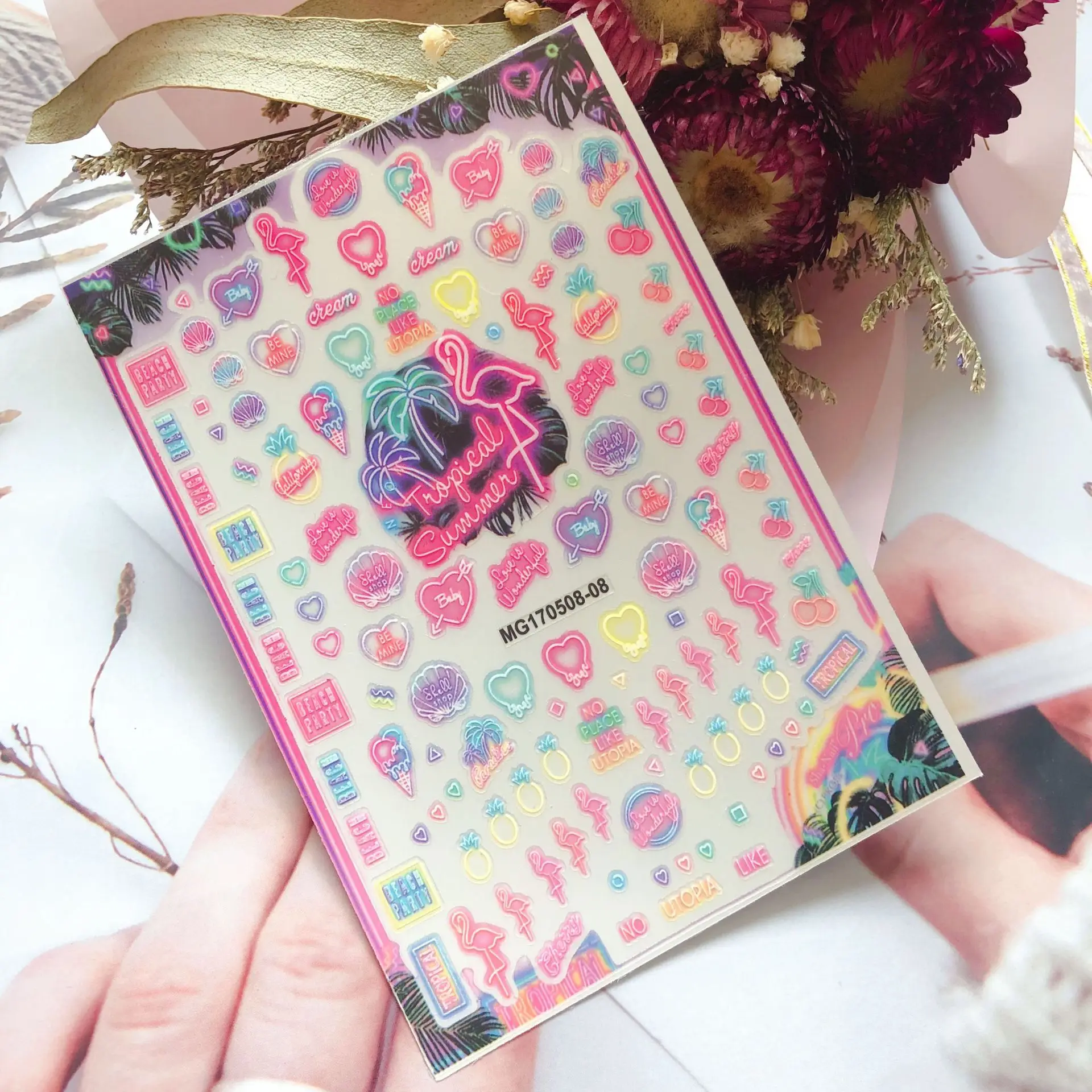 

New Style Cartoon Nail Stickers Decals Neon Light Flamingo Teddy Bear Pattern Self Adhesive Nail Art DIY Manicure Decorations