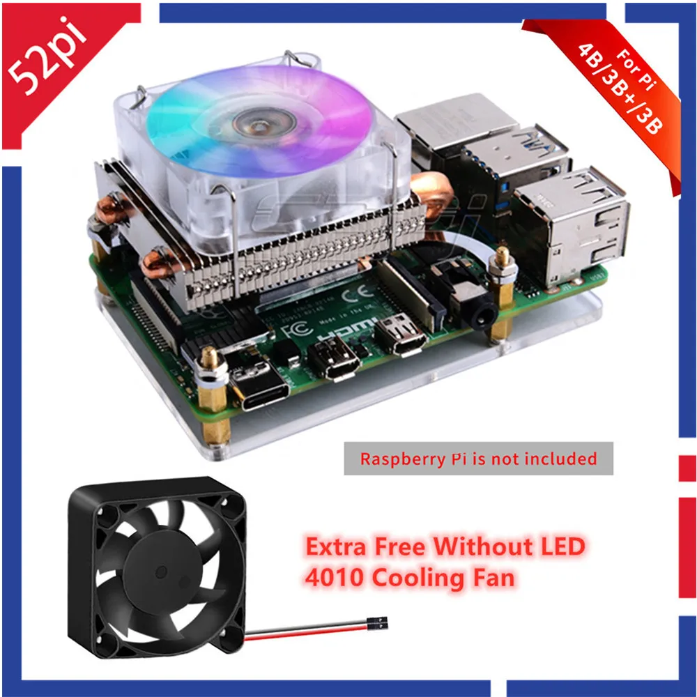 aliexpress.com - 52Pi Low-Profile Ice Tower Cooling Fan Metal Case 7 Colors RGB Changing LED Light with Bracket for Raspberry Pi 4 B / 3B+ / 3B
