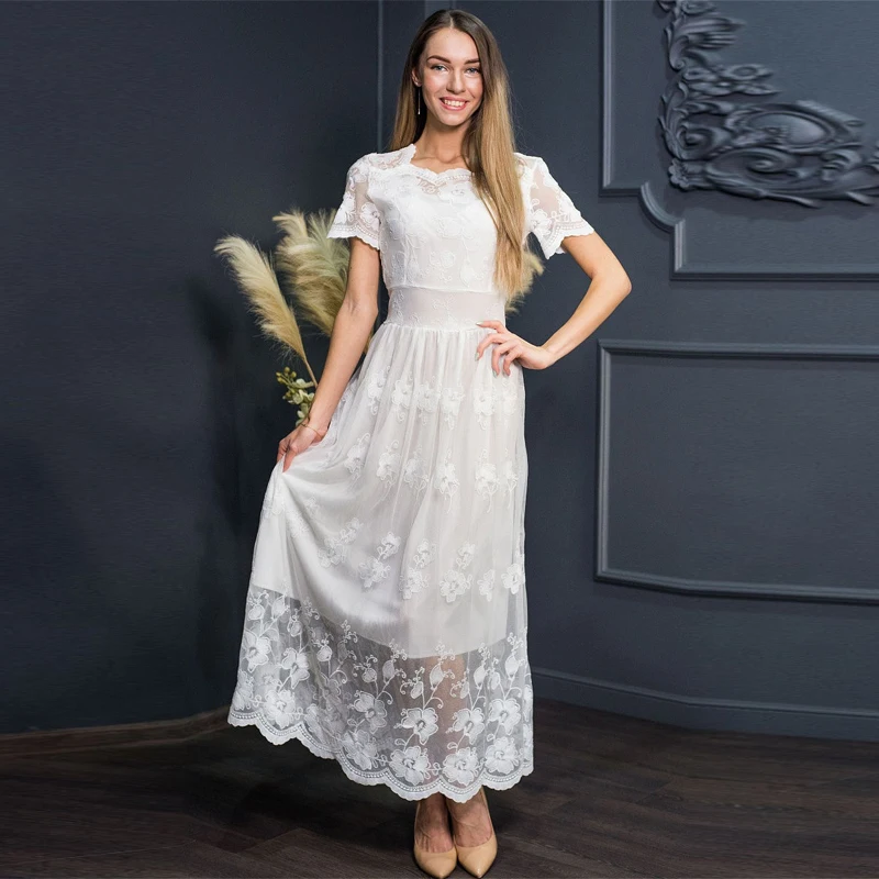 

Vintage White Embroidery Lace Party Dress Short Sleeve Maxi Long High Waist a Line Female Fashion Elegant 2021