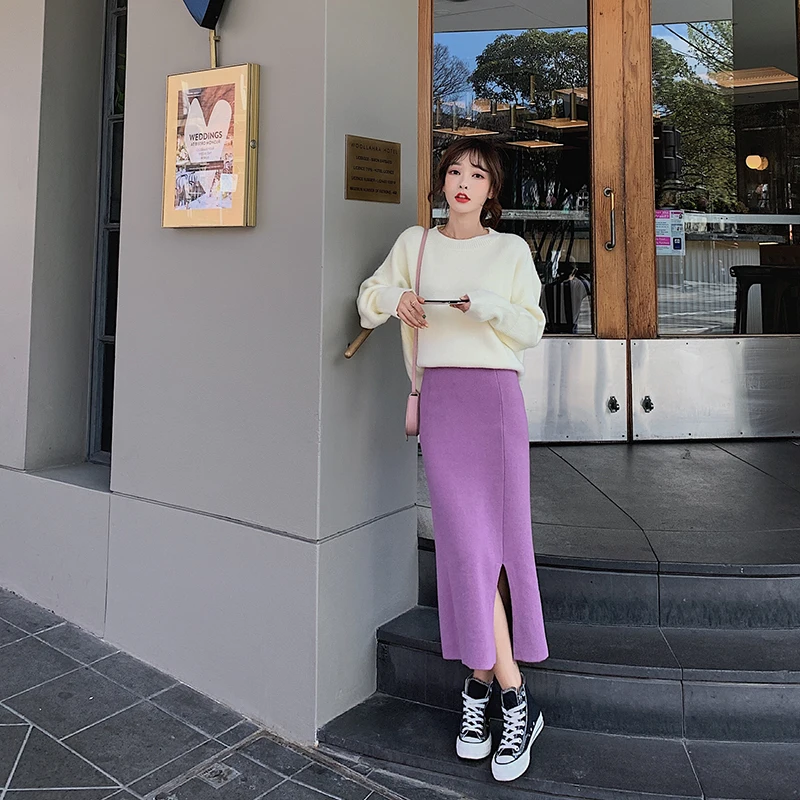 REALEFT зимние Фиолетовые женские вязаные длинные юбки-футляры повседневные юбки до