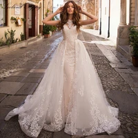 lceland poppy mermaid o neck lace appliques wedding dresses floor length vestido de novia detachable train bridal gowns