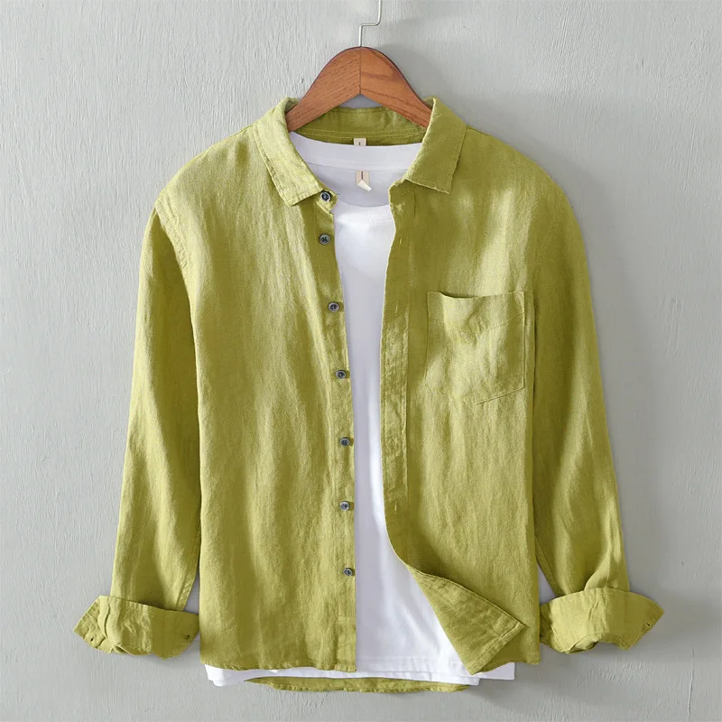 

Новое поступление, однотонная брендовая льняная рубашка, Мужская модная повседневная зеленая рубашка для мужчин, рубашка из чистого льна, м...