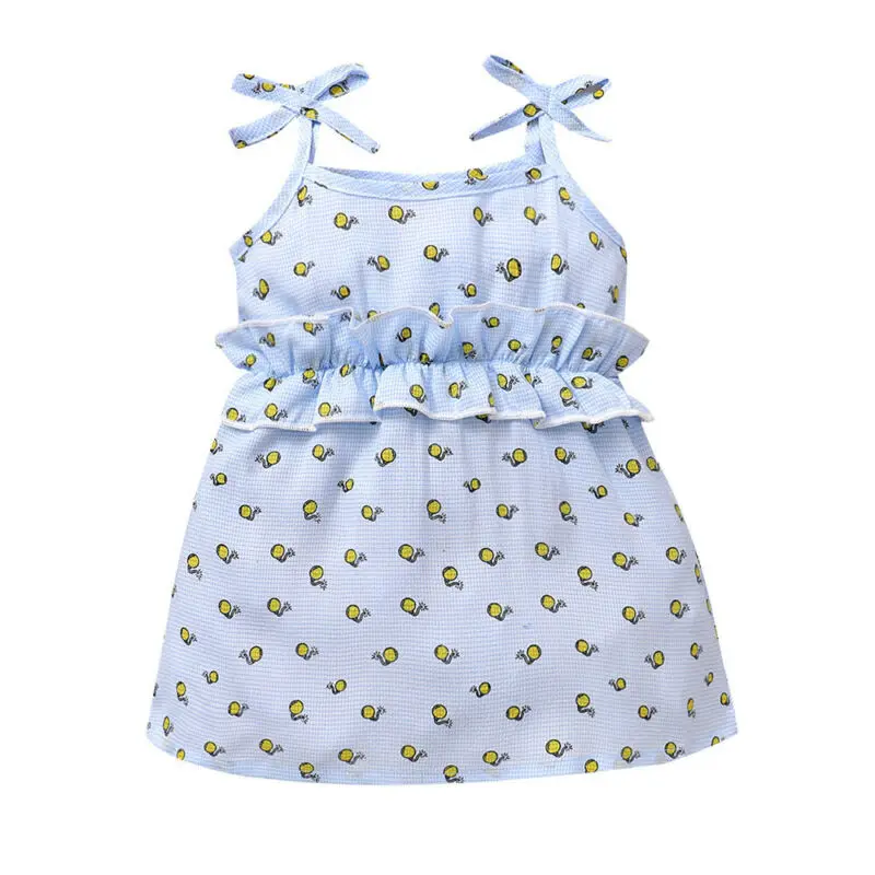 

Baby Girls Sleeveless Dress Summer Sky Blue Fruit Print Cotton Bow Suspender Skirts Pleated Design Loose Casual Fashion Skirt