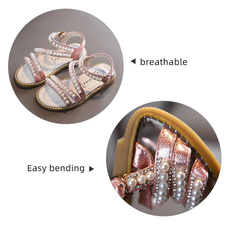 Кожаные сандалии для девочек летняя детская обувь с блестящими жемчужинами